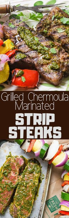 grilled steaks with pesto sauce on them and the title overlay reads grilled cheesy marinated strip steaks