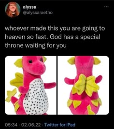 a pink stuffed animal with yellow and white spots on it's chest, next to an image of a pink dragon