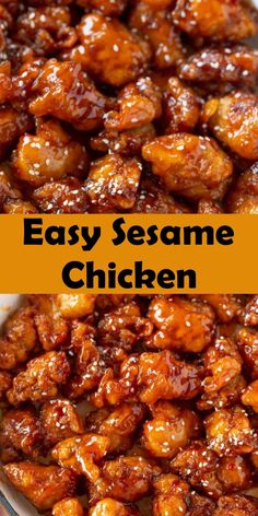 easy sesame chicken in a white bowl with the words, easy sesame chicken on it