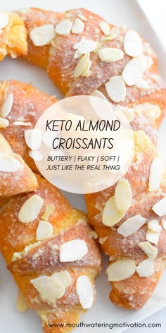 Keto croissants with sweet almond filling and almond slivers and powdered sweetener on top. Keto Crossant Recipes, Keto Almond Paste, Keto Croissant Recipe, Low Carb Croissant Recipe, Keto Croissant, Paleo Crossiants, Keto Croissant Recipe Almond Flour, Easy Almond Croissant, Paleo Croissant