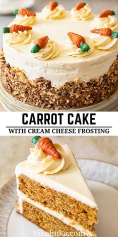 carrot cake with cream cheese frosting on a white plate and the top one is cut in half