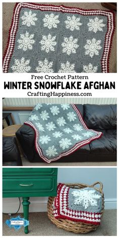 two pictures with the words winter snowflake afghan on them