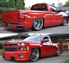 two pictures of a red truck parked in front of a house