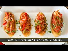 three hot dogs with toppings sit on a white platter and the words, one of the best - tasting tapas