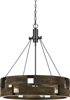 a chandelier made out of wood and metal with three lights hanging from the ceiling