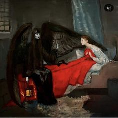 a painting of a woman in a red dress sitting on a bed