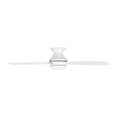 a white ceiling fan with a light on it's side and two blades in the middle