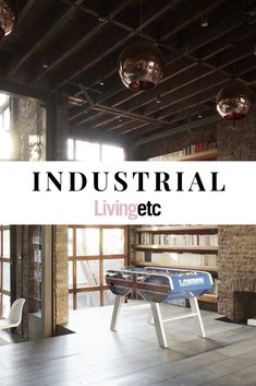 the industrial living etc logo is displayed in front of an empty room with chairs and tables