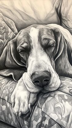 a black and white drawing of a dog resting its head on the arm of a couch