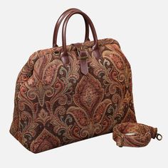 Damask D. Brown Mary Poppins Weekender Carpetbag of America Elegant Brown Duffle Bag With Double Handle, Elegant Brown Weekender Bag With Leather Handles, Elegant Brown Top Handle Weekender Bag, Elegant Brown Rectangular Duffle Bag, Brown Rectangular Duffle Bag With Detachable Handle, Elegant Brown Duffle Bag With Top Carry Handle, Brown Tapestry Travel Bag, Brown Tapestry Bag With Top Carry Handle, Brown Tapestry Satchel For Travel