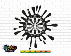 a dart hitting in the center of a bulls eye on a white brick wall with black paint