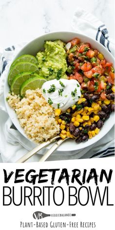 plant based burrito bowl with guacamole, black beans, corn and avocado