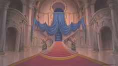 an animated scene of a stage with blue drapes and red carpeted stairs leading up to the entrance