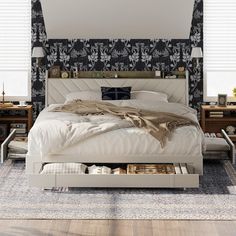 a bedroom with a bed, nightstands and lamps