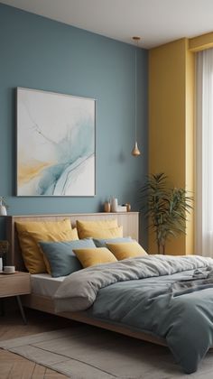 a bedroom with blue walls, yellow and gray bedding and artwork on the wall