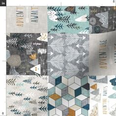 an image of a patchwork quilt with words on it and arrows in the middle