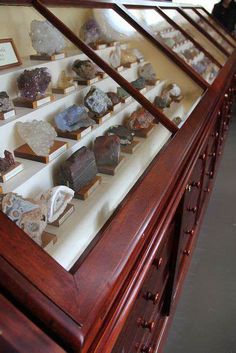 a display case filled with lots of different rocks and stones on wooden shelves next to each other