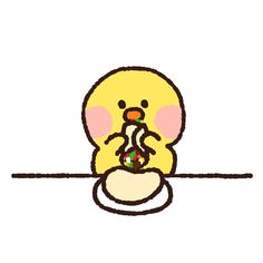 a drawing of a little chick eating something out of a bowl with its eyes closed