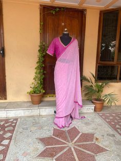 pink buti Chiffon silk saree with hand embroidery blouse |modern silk saree with readymade blouse | sarees USA | pure light weight silk saree / pink saree with blue stitched blouse / voggish / elbow sleeve maggam blouse      you are absolutely gonna fall in love with this unique modern  saree look with our stitched ready to wear blouses(includes the price) with a modern touch to them is perfect for your upcoming saree occassion that really makes you stand apart in crowd !!     You dont really ne Pink Cotton Silk Sharara For Diwali, Festive Pink Cotton Silk Sharara, Pink Pre-draped Cotton Silk Saree With Resham Embroidery, Pink Cotton Silk Pre-draped Saree With Resham Embroidery, Pink Fitted Cotton Silk Sharara, Fitted Pink Cotton Silk Sharara, Pink Anarkali Style Silk Pre-draped Saree, Pink Cotton Silk Traditional Wear For Navratri, Navratri Pink Cotton Silk Traditional Wear