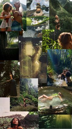 a collage of photos with people in the water and trees around them, including one woman