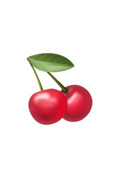 two cherries with green leaves on them are shown in an image that appears to be digital