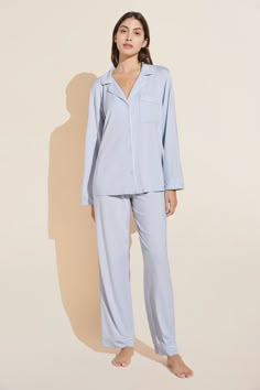 Lara is 5'9 and wears a Small Blue Relaxed Fit Sleepover Sets, Blue Pjs Pajama Set, Light Blue Cotton Pajama Party Set, Pj Sets Eberjey, Eberjey Pajamas, Backless Bra, Camisole Set, Wardrobe Solutions, Soft Pajamas