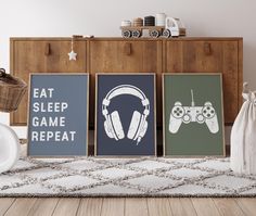 three posters with headphones and video game controllers on them in front of a dresser