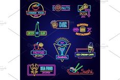 neon food and drink signs on dark background