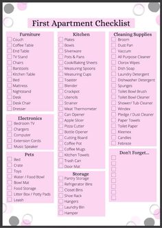 a pink checklist with the words'first apartment checklist'in black and white