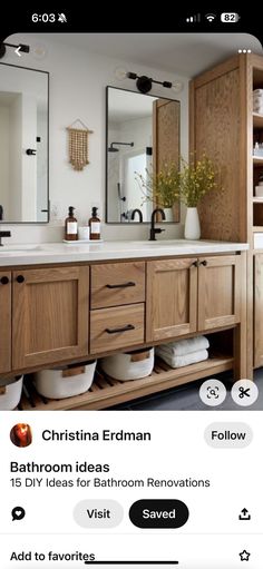 a bathroom with two sinks and mirrors on the wall next to it is an instagram page