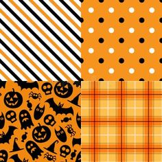 four different halloween patterns with pumpkins, bats and polka dots on orange plaid fabric