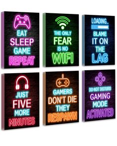 four neon signs with the words, don't die they reapwn and eat sleep game repeat