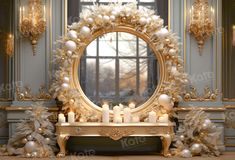 an ornate mirror with candles in front of it and christmas decorations around the frame on the wall