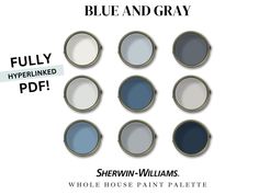 six blue and gray paint colors with the words, sheryln williams whole house paint palette