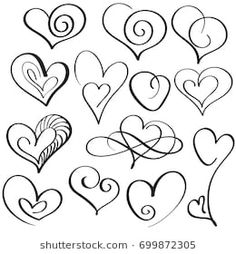 hand drawn hearts with swirls and spirals in black ink on a white background