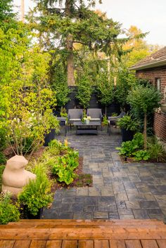 an outdoor patio with wooden benches and plants