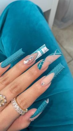 Fall Blue Nails 2024, Gucci Nails Designs, Karol G Nails, Nails Design With Rhinestones, Dope Nail Designs, Glow Nails, Long Acrylic Nails Coffin