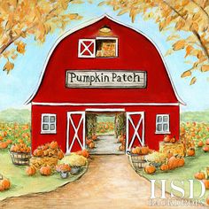 a painting of a red barn with pumpkins on it