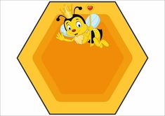 a cartoon bee flying in the air over a honeycomb with hearts on it's back