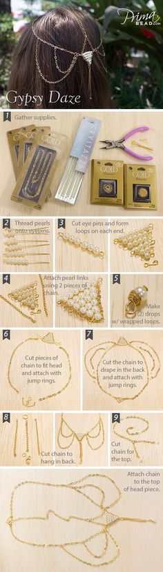 the instructions for how to make a headband with beads and chains on it, including pearls