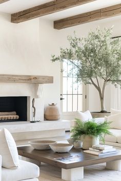 a living room filled with white furniture and a tree in the middle of the room