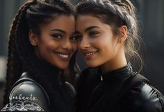 two young women standing next to each other with their arms around each other and smiling