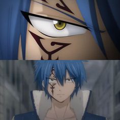 an anime character with blue hair and yellow eyes looks at the camera, while another is staring