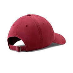 a red baseball cap on a white background with the visor pulled up to show the front