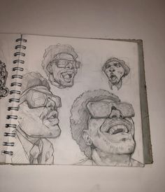 a drawing of three men with glasses and one has his mouth open to the side