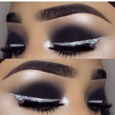 Eyeshadow Silver, Eye Makeup Glitter, Silver Eyeliner, Black Smokey Eye Makeup, Maquillage On Fleek, Makeup You Need, Makeup Cute, Drag Make-up, Black Smokey Eye