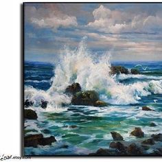 an oil painting of waves crashing on rocks