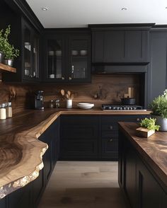 a kitchen with black cabinets and wooden counter tops, along with potted plants on the counters