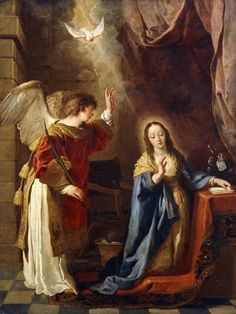 a painting of an angel kneeling next to a woman with her hand up in the air