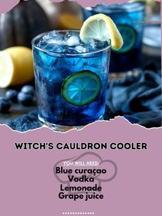 Witchs Cauldron Cooler combines vodka, blue cura\xc3\xa7ao, for a deep purple brew, with refreshing lemonade and grape juice. Brew up the potion by stirring vodka & blue cura\xc3\xa7ao into a glass of ice. Magically bring together with lemonade & grape juice. Stir gently and adorn with a lemon slice.\nDiscover the magic of Witchs Cauldron Cooler at your next Halloween gathering! It's an enchanting combination for a witchy soiree!\n#WitchyDrinks #HalloweenMagic Pub Cocktails, Halloween Themed Drinks, Witch's Cauldron, Halloween Drinks Alcohol, Witchs Cauldron, Magical Halloween, Bubble Bubble